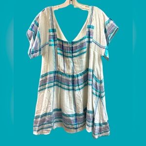 Free People Barcelona MINI Dress Metallic Shimmer Plaid Tunic Blue White…